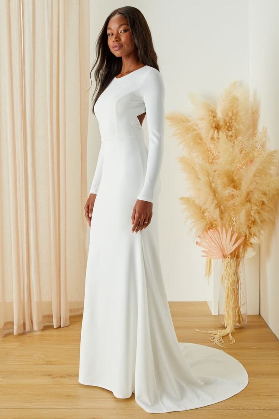 Lulus Eloquent Endearment White Long Sleeve Backless Maxi Dress Bridal Wedding M